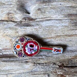 Micro Mosaic Mandolin Brooch 1 3/4in Millefiori Floral Gold Tone Vintage